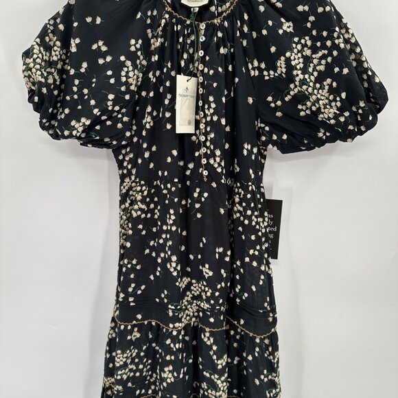 Tuckernuck Black Tossed Floral Mimi Midi Dress XS 100% Cotton A-Line Puff Sleeve - Picture 4 of 11